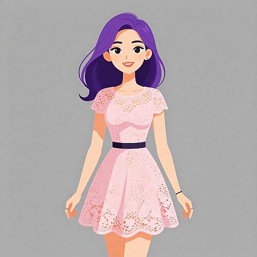 Digital illustration of a smiling woman with purple hair, wearing a white lace dress with black belt, against a light blue background.