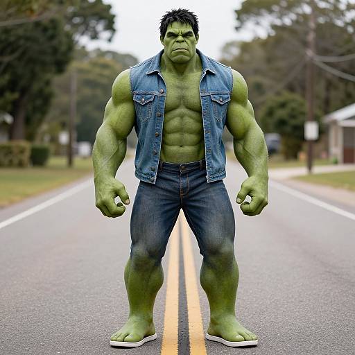 Photorealistic CGI of muscular, green-skinned Hulk in denim vest and shorts, standing on deserted road with yellow lines.