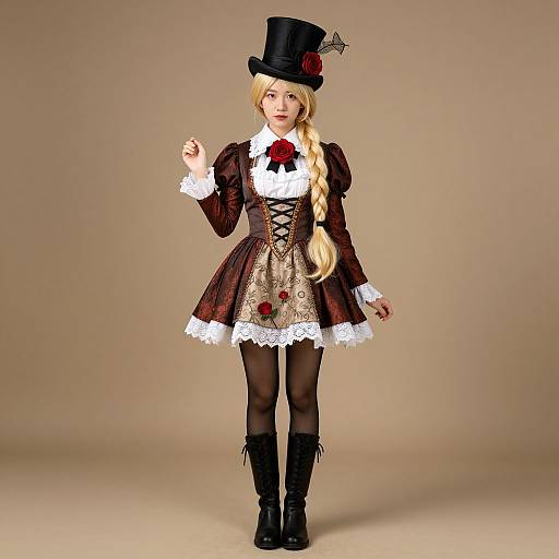Photograph of a blonde woman in Victorian-style gothic dress, black top hat with red rose, long braid, lace details, black stockings,