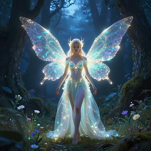 Photorealistic CGI of a glowing fairy with iridescent wings, wearing a radiant, translucent gown, walking through an enchanted forest at night.