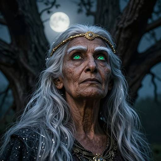 Photorealistic digital artwork of a wise, ancient woman with glowing green eyes, long silver hair, gold headband, and dark, moonlit forest