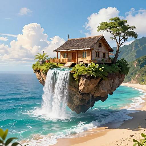 Digital artwork of a wooden house with a thatched roof, perched on a cliff with a waterfall, overlooking a turquoise ocean and sandy beach under a