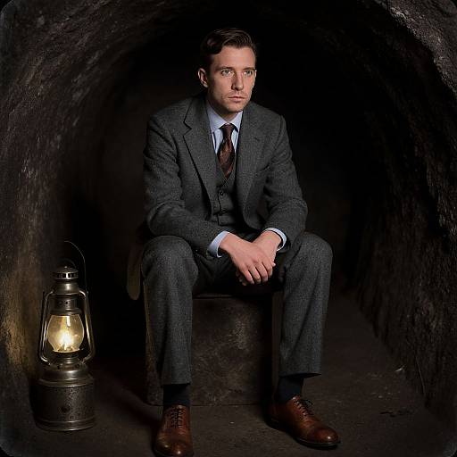 Photograph of a serious, light-skinned man with short brown hair, wearing a gray suit, white shirt, and brown tie, seated in a