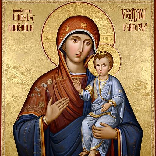 Digital artwork of the Virgin Mary with gold halo, wearing red and blue robes, holding baby Jesus in blue and gold attire. Greek text surrounds them.