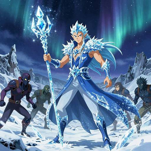 Digital anime-style artwork: Blue-haired, ice-armor-clad warrior with glowing ice staff, standing in snowy mountains under aurora borealis, surrounded