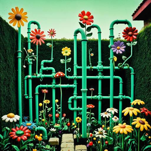 Surreal Retro Garden with Colorful Flowers and Green Pipes