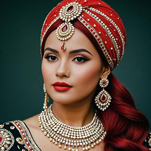 Indian Woman in Red Turban and Traditional Jewelry