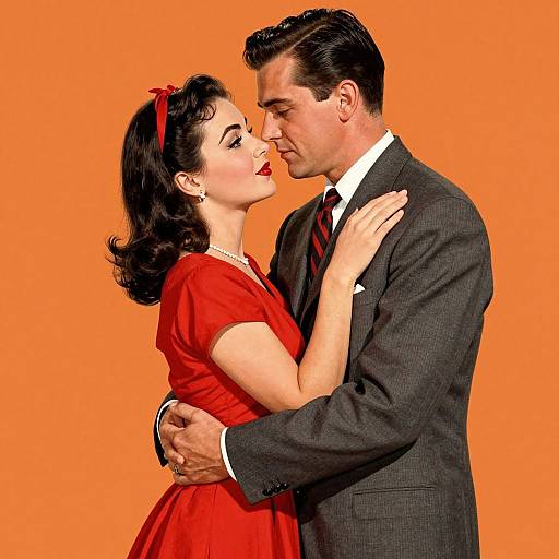 Vintage-style photograph of a couple in a passionate dance pose against an orange background. Woman in red dress, man in gray suit.