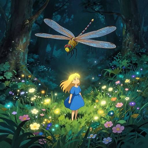 Digital illustration of a blonde girl in a blue dress, surrounded by glowing flowers, with a large dragonfly hovering above in a dark, enchanted forest.