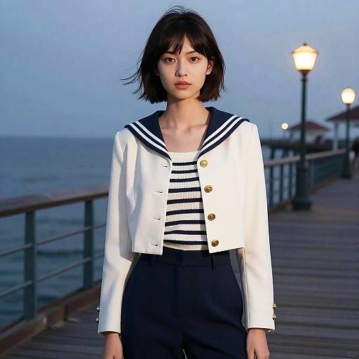 Non-binary model in nautical-inspired fashion at seaside pier