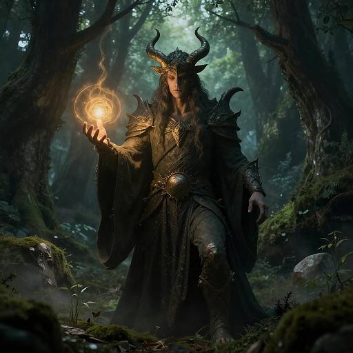 Digital fantasy artwork: Dark horned sorcerer with glowing orb, wearing intricate armor, stands in a mystical forest illuminated by moonlight.