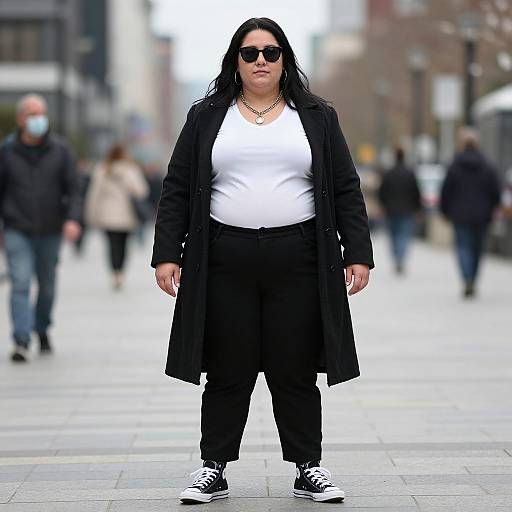 Photograph of a plus-sized woman with long black hair, wearing black sunglasses, white tank top, black coat, black pants, and black sneakers,