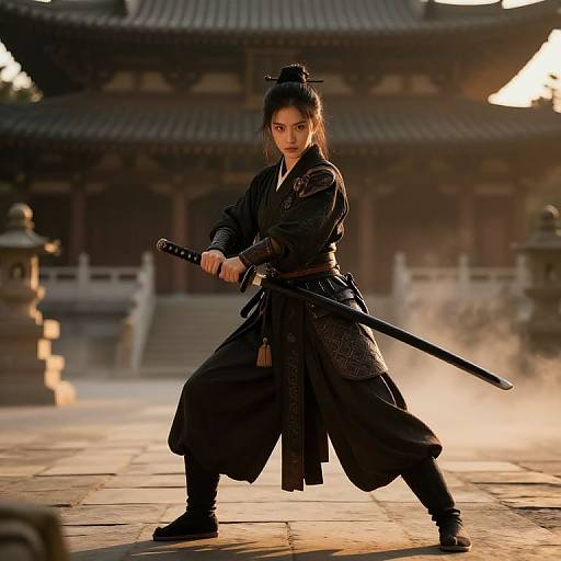 Photograph of an intense Asian woman samurai in black traditional attire, holding a sword, standing in a sunlit, ancient Japanese temple courtyard with mist