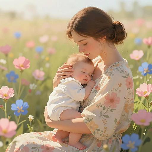 Mother Cradling Sleeping Baby in Flower Field