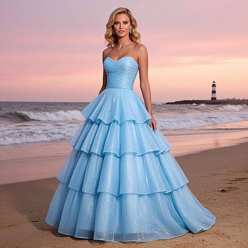 Blonde Woman in Sparkly Ball Gown at Sunset Beach