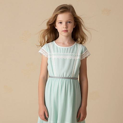 Photograph of a young girl with long, light brown hair, wearing a light blue dress with white lace trim, standing against a plain beige background.