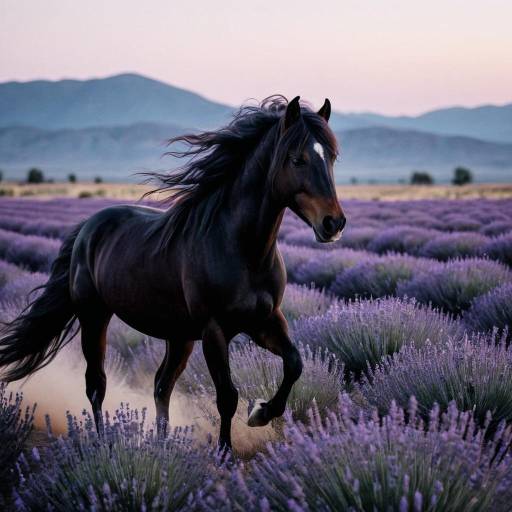 Black Kiger Mustang in Lavender Fields at Dusk Black Kiger Mustang in Lavender Fields at Dusk
