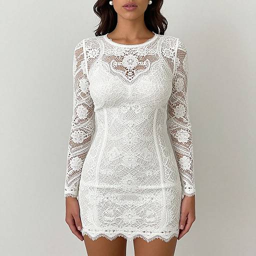 Photograph of a woman in a white, long-sleeved, lace mini dress with intricate floral patterns, standing against a plain white background.