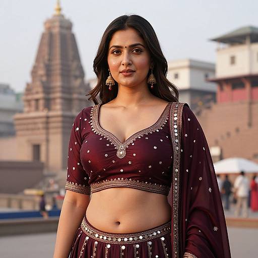 Photograph of an Indian woman with medium skin tone and dark hair, wearing a maroon embroidered crop top and matching skirt, standing in front of a