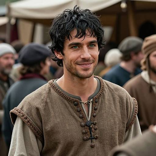 Photograph of a smiling, dark-haired man with curly hair, wearing a brown, medieval-style, buttoned tunic, standing in a busy,