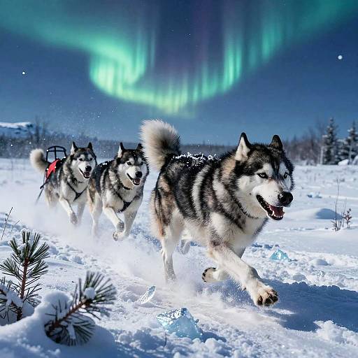 Photograph of three Siberian Huskies running in snowy terrain under a vibrant green aurora borealis; one wears a red harness.