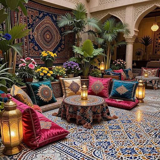 Vibrant Moroccan courtyard photograph: colorful pillows, patterned tiles, lanterns, lush plants, intricate tapestry, and arches create a rich