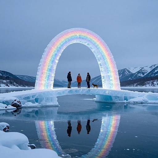 Photograph of three people and a dog standing under an illuminated, rainbow arch on a snowy, icy lake at dusk, with mountain reflections in the water