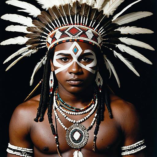 Dark-Skinned Man in Traditional Native American Headdress and Face Paint