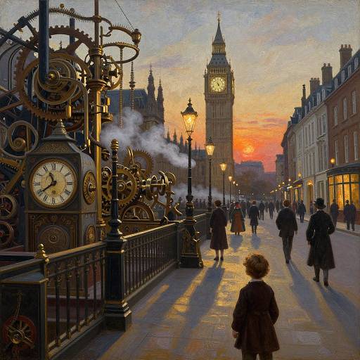 Photograph-style digital painting of a sunset over London's Westminster Bridge, featuring the clock tower, steaming clock, and people in Victorian attire, with