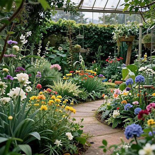 Vibrant garden photograph featuring a winding stone path through lush greenery and colorful flowers, including yellow, purple, white, and red blooms. Green
