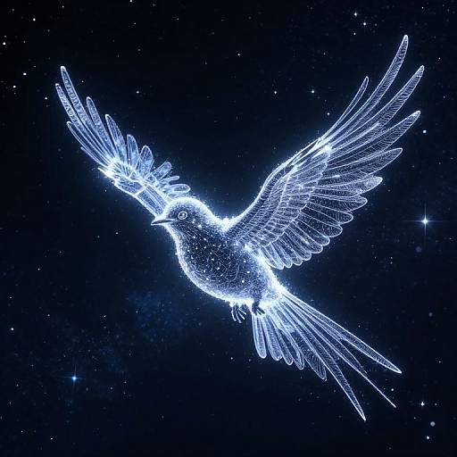 Digital illustration of a glowing, wireframe white dove with outstretched wings against a dark, starry night sky.