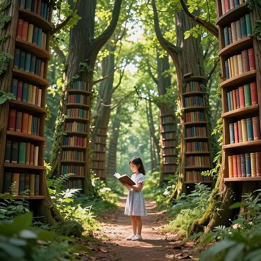 Photograph of a young Asian girl in a white dress, reading a book in a sunlit, enchanted forest library aisle.