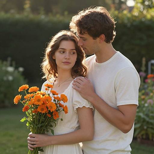 Photograph of a young couple in a garden; he gently touches her shoulder, she holds orange flowers, both wear white clothing, sunlight filters through trees