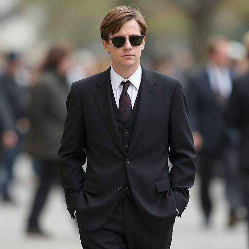 Photograph of a young man with brown hair, wearing black sunglasses, a black suit, white shirt, and dark tie, standing in a blurred outdoor