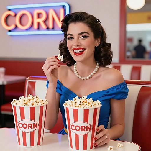 Vintage-style photograph of a smiling woman with dark curled hair, wearing a blue off-shoulder dress and pearl necklace, eating popcorn from red-striped 