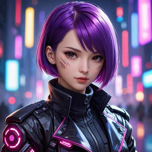 Cyberpunk Girl with Purple Hair in Neon City
