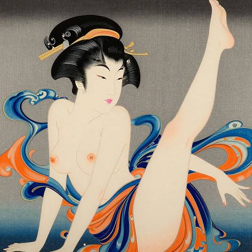 Traditional Japanese woodblock-style illustration of a topless geisha with black hair, orange headband, and blue-orange flowing sash, raising one leg