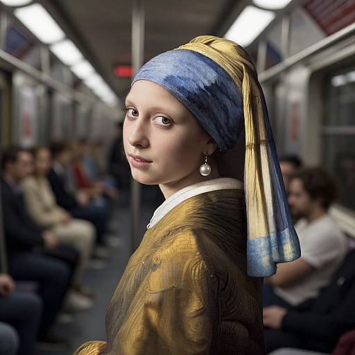 Photorealistic digital artwork of a woman in Renaissance attire with a blue and yellow headscarf, standing in a modern subway car, surrounded by blurred