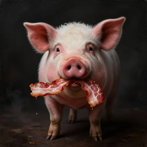Photorealistic digital artwork of a pink pig with white fur, large ears, and curly hair, holding a crispy bacon strip in its mouth, against