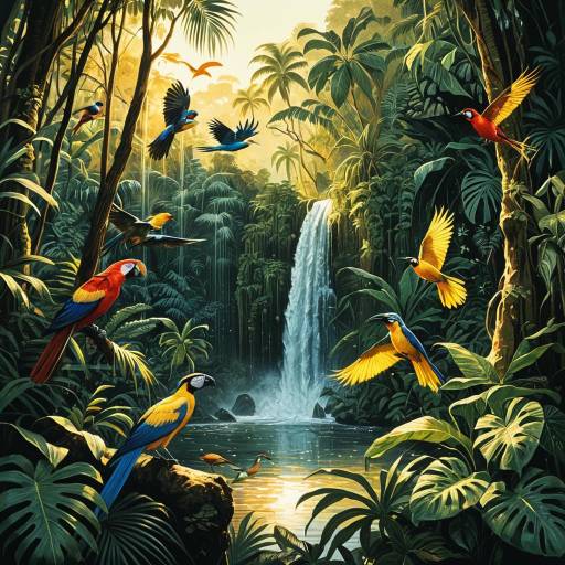 Tropical Jungle with Exotic Birds and Waterfall