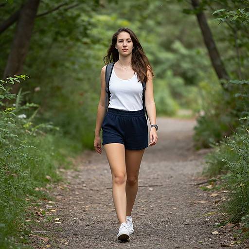 Photograph of a young woman with long brown hair, wearing a white tank top, black shorts, and white sneakers, walking on a forest path surrounded