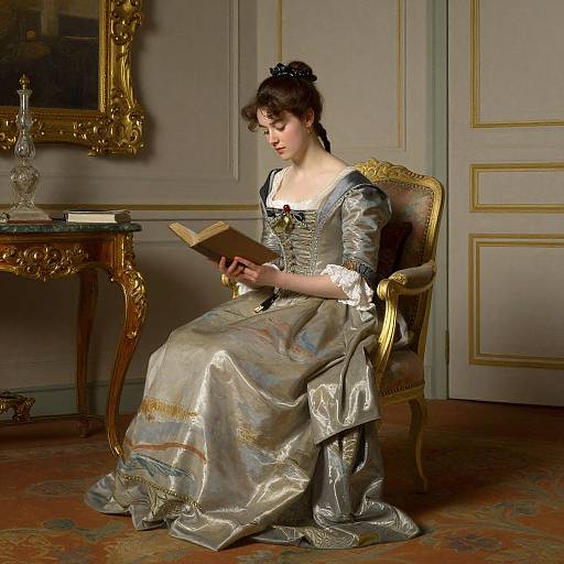 Photograph of a fair-skinned woman in an 18th-century silver satin gown, reading a book in a luxurious, ornately decorated room.