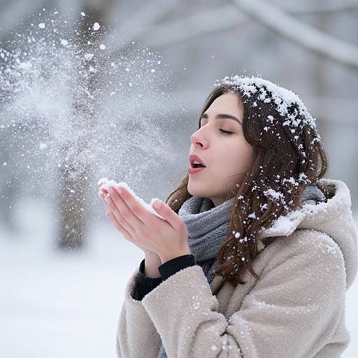 Photograph of a fair-skinned woman with dark hair, wearing a beige coat and gray scarf, blowing snow into her cupped hands in a snowy