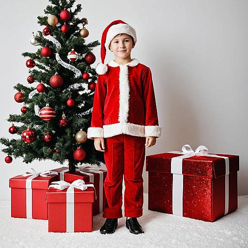 Festive Boy with Christmas Outfit and Tree