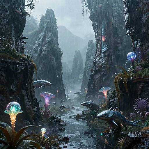 Surreal Rainworld Landscape with Predators