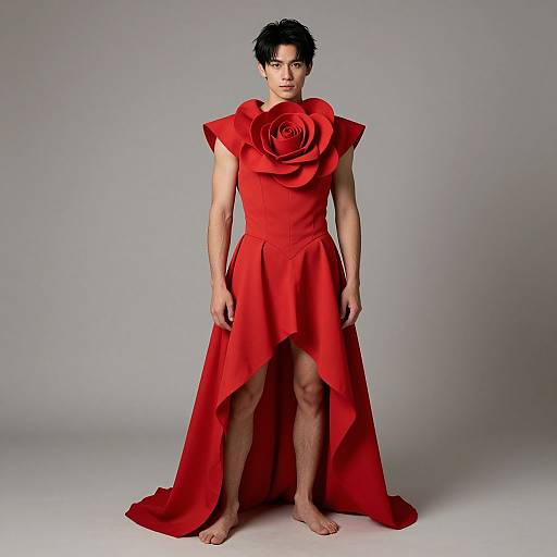 Photograph of a man with short black hair, wearing a striking red gown with a large rose-shaped shoulder detail and high-low hem, standing barefoot