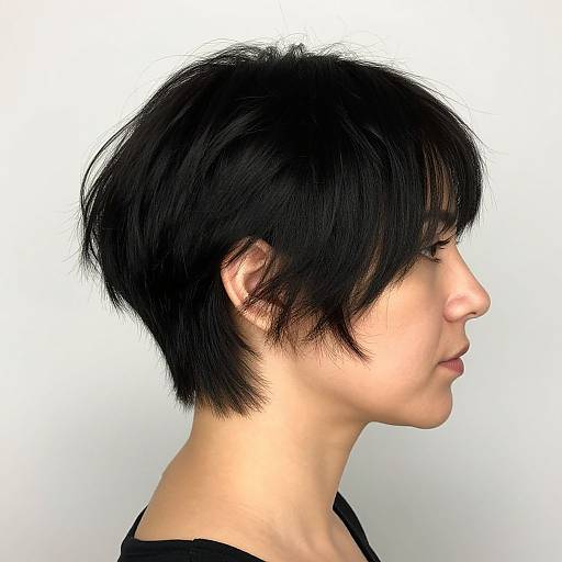 Photograph of an Asian woman in profile with short, messy black hair, light skin, and a black top against a plain white background.