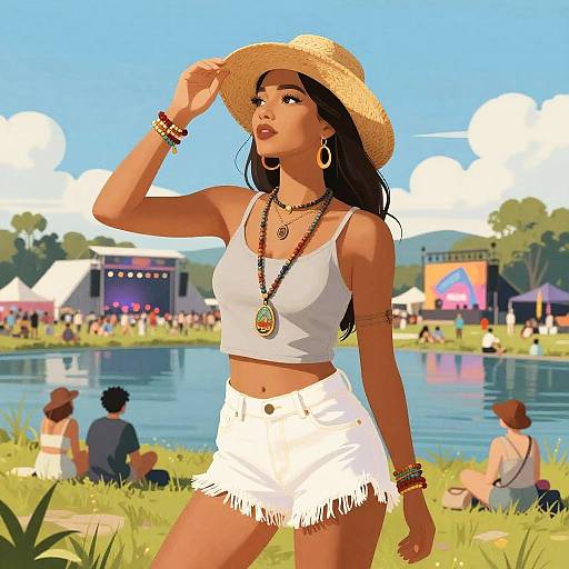 Digital illustration of a tan-skinned woman in a white crop top and fringed shorts, wearing a straw hat, jewelry, and bracelets, standing by