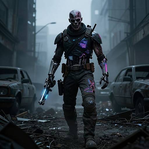 Cybernetic Zombie Hunter in Urban Ruins
