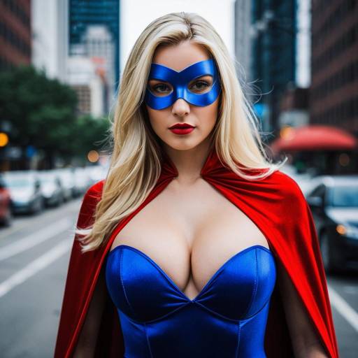 Blonde Female Superhero in Blue Bodysuit and Red Cape